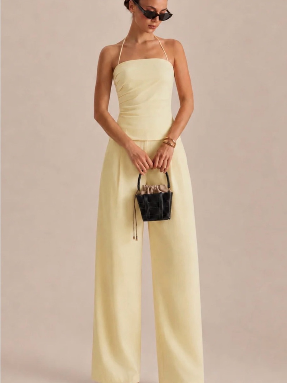 Commense Ruched Halter Top & Wide Leg Pants Set